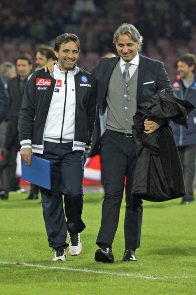 Incroci tra vecchi compagni: Fabio Pecchia, oggi il tattico di Benitez, e Andrea Carnevale, dirigente dell&#39;Udinese. LaPresse